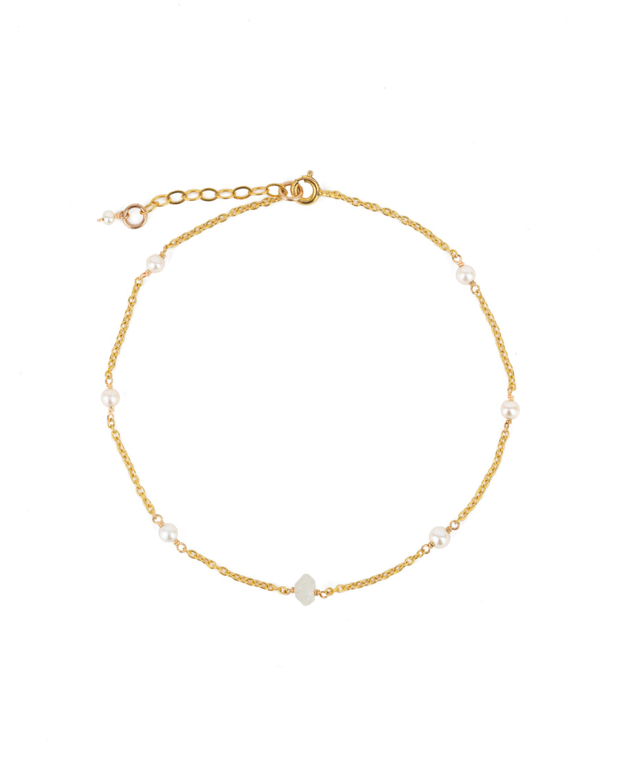 Poppy Rose-Pearl + Stone Station Anklet-Anklets-14k Gold Filled, White Pearl, Moonstone-Blue Ruby Jewellery-Vancouver Canada