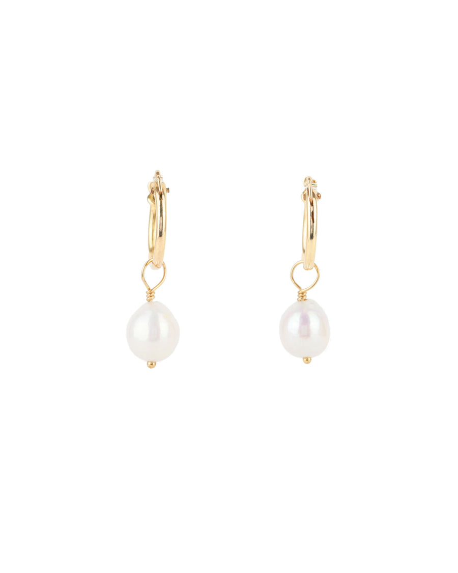 Poppy Rose-Baroque Pearl Drop Huggies-Earrings-14k Gold Filled, White Pearl-Blue Ruby Jewellery-Vancouver Canada