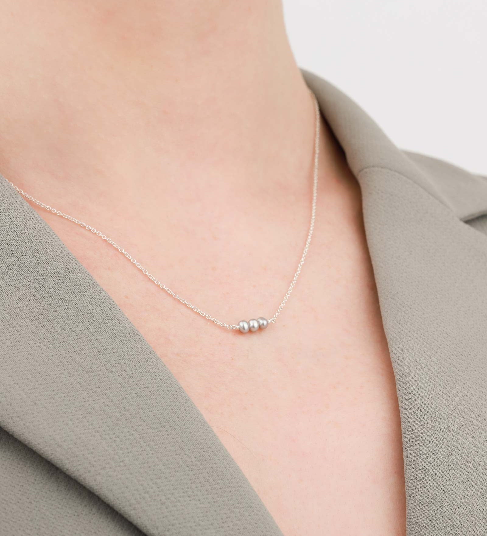 Three Pearl Necklace Sterling Silver, Grey Pearl