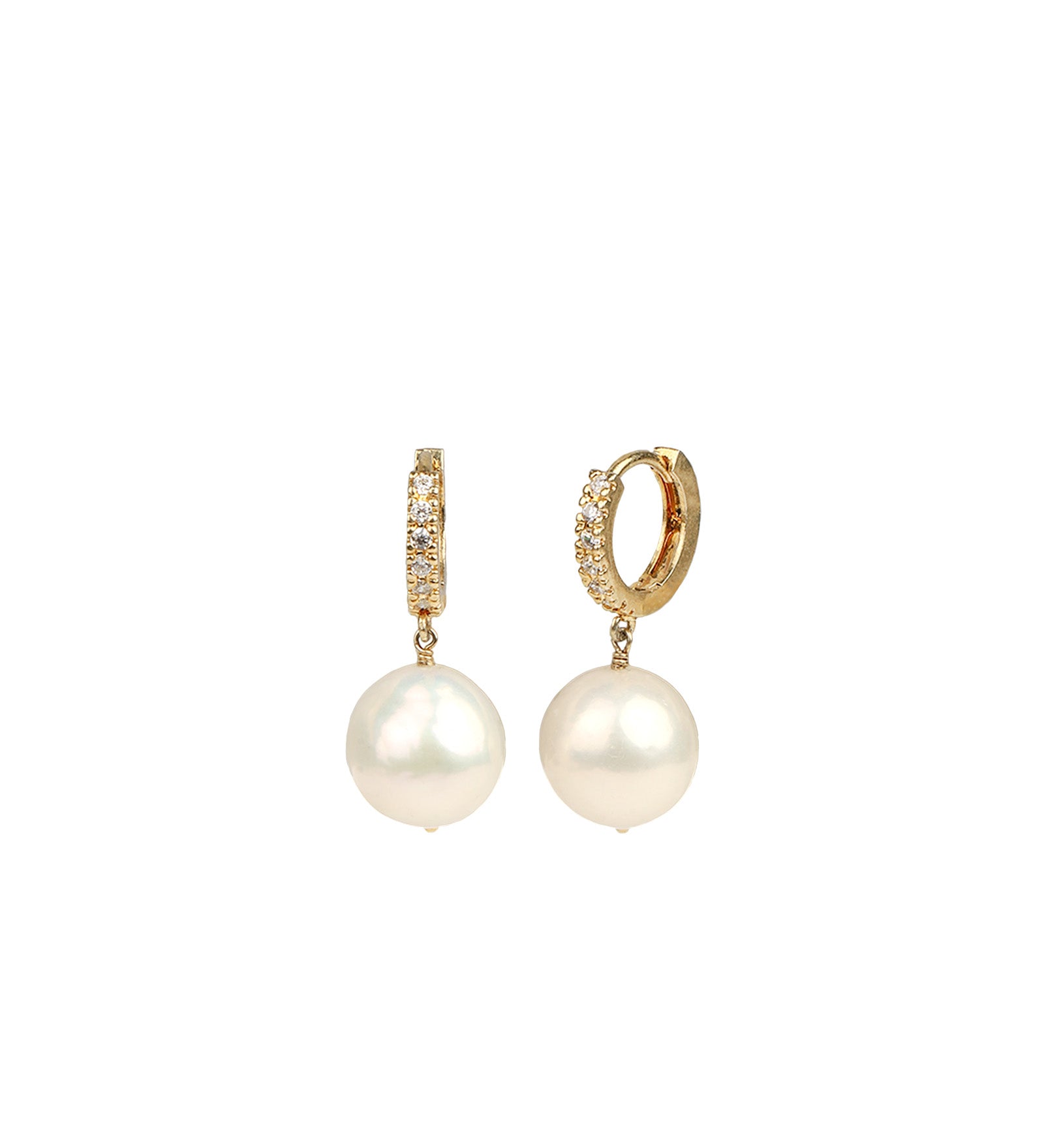 Poppy Rose-Pearl Drop Pavé Huggies | 12mm-Earrings-14k Gold Vermeil, Freshwater Pearl, Cubic Zirconia-Blue Ruby Jewellery-Vancouver Canada