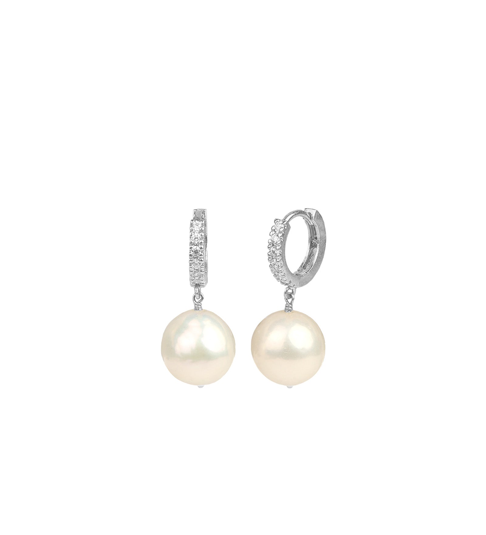Poppy Rose-Pearl Drop Pavé Huggies | 12mm-Earrings-Sterling Silver, Freshwater Pearl, Cubic Zirconia-Blue Ruby Jewellery-Vancouver Canada