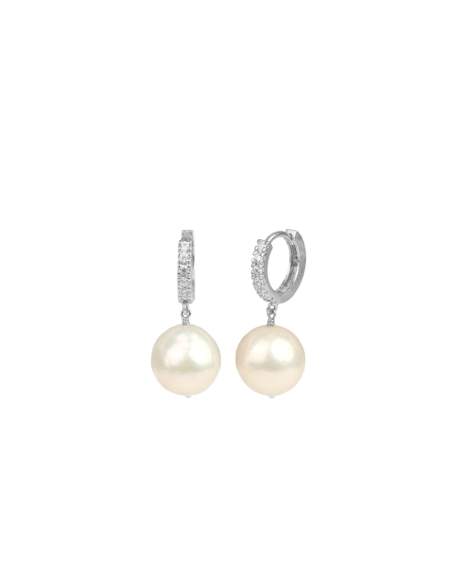 Poppy Rose-Pearl Drop Pavé Huggies | 12mm-Earrings-Sterling Silver, Freshwater Pearl, Cubic Zirconia-Blue Ruby Jewellery-Vancouver Canada