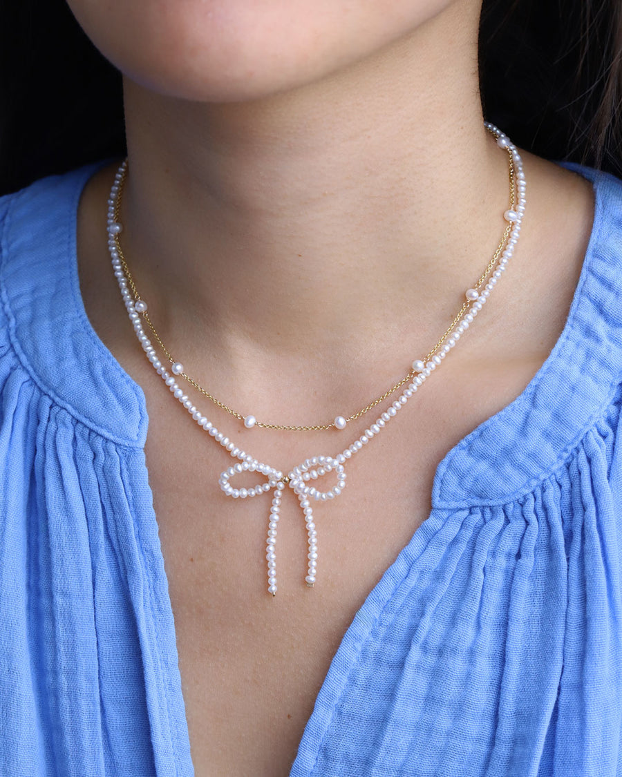 Poppy Rose-Pearl Bow Necklace-Necklaces-14k Gold Filled, White Pearl-Blue Ruby Jewellery-Vancouver Canada