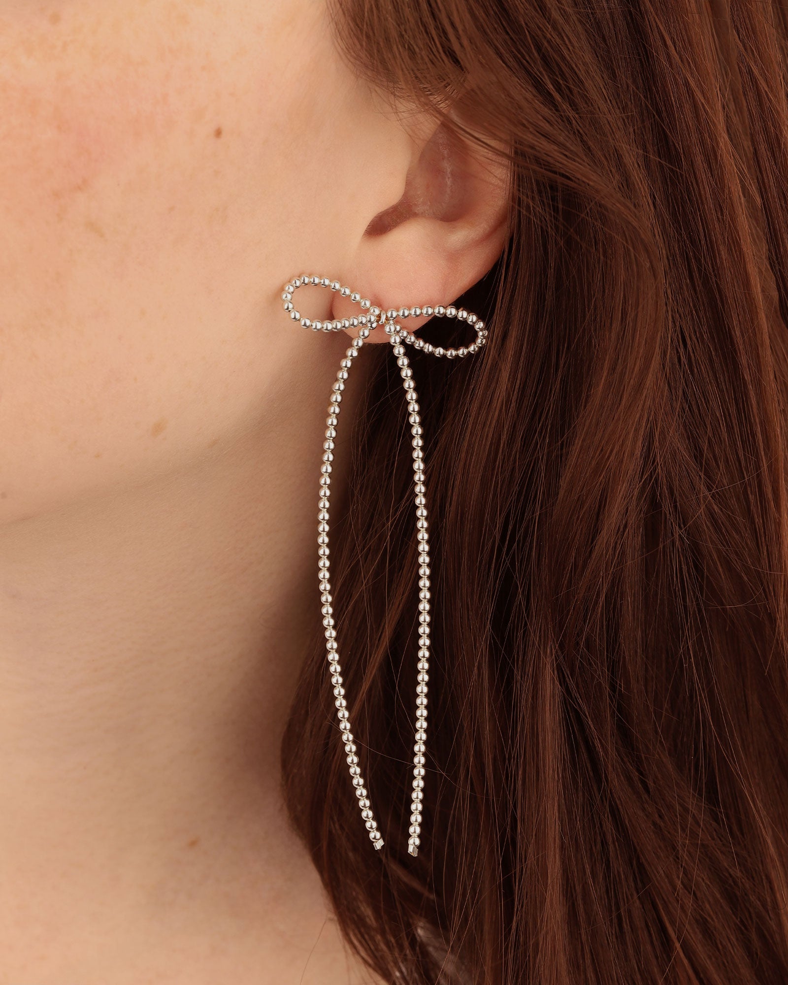 Beaded Long Bow Studs Sterling Silver