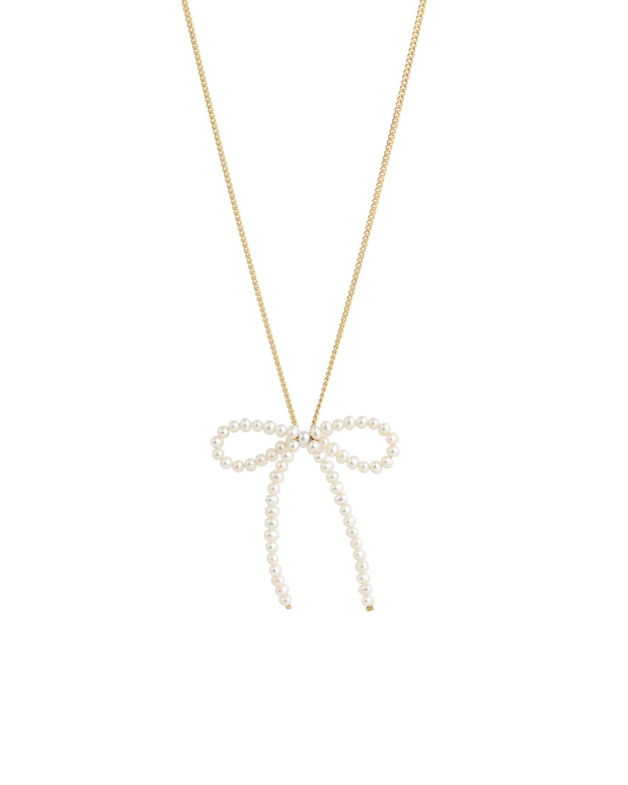 Pearl Bow Curb Chain Necklace 14k Gold Filled, White Pearl