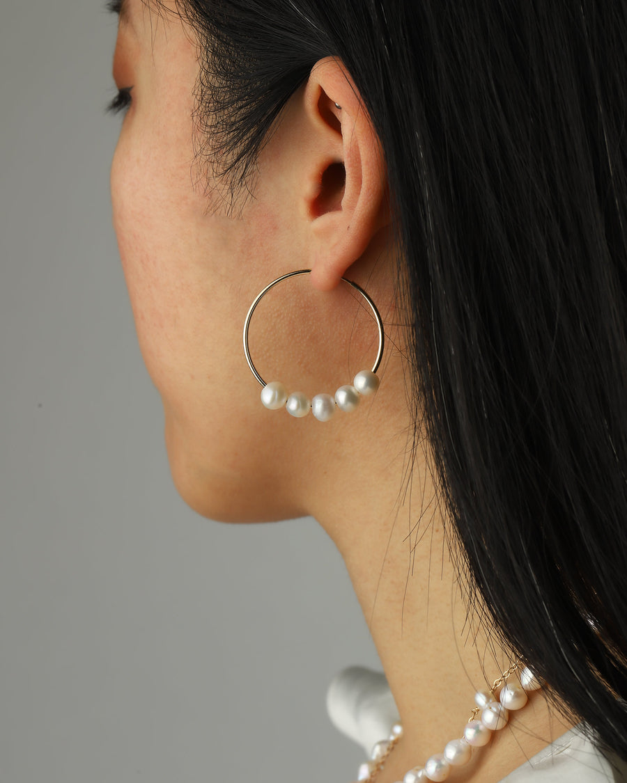 5 Floating Pearl Hoops 14k Gold Filled, White Pearl