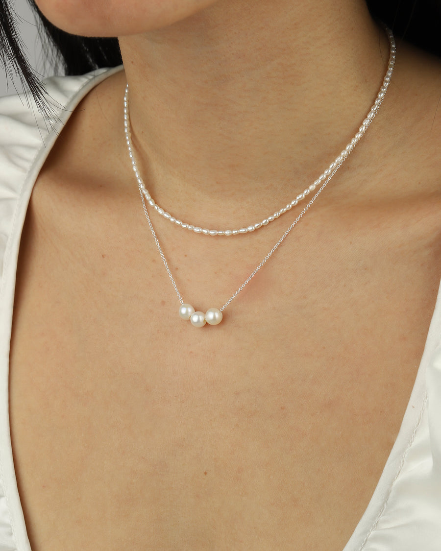 3 Floating Pearl Necklace Sterling Silver, White Pearl