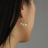 3 Floating Pearl Hoops Sterling Silver, White Pearl