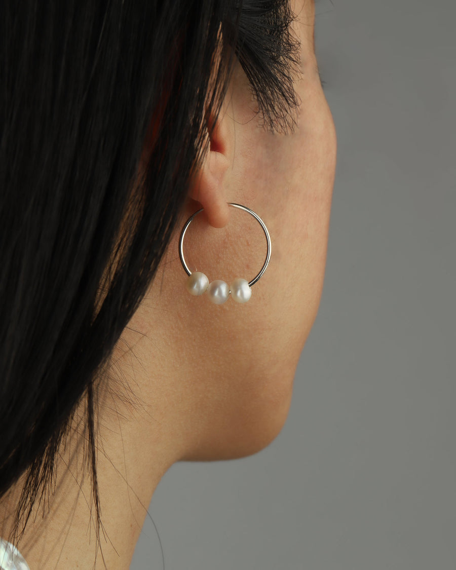 3 Floating Pearl Hoops Sterling Silver, White Pearl