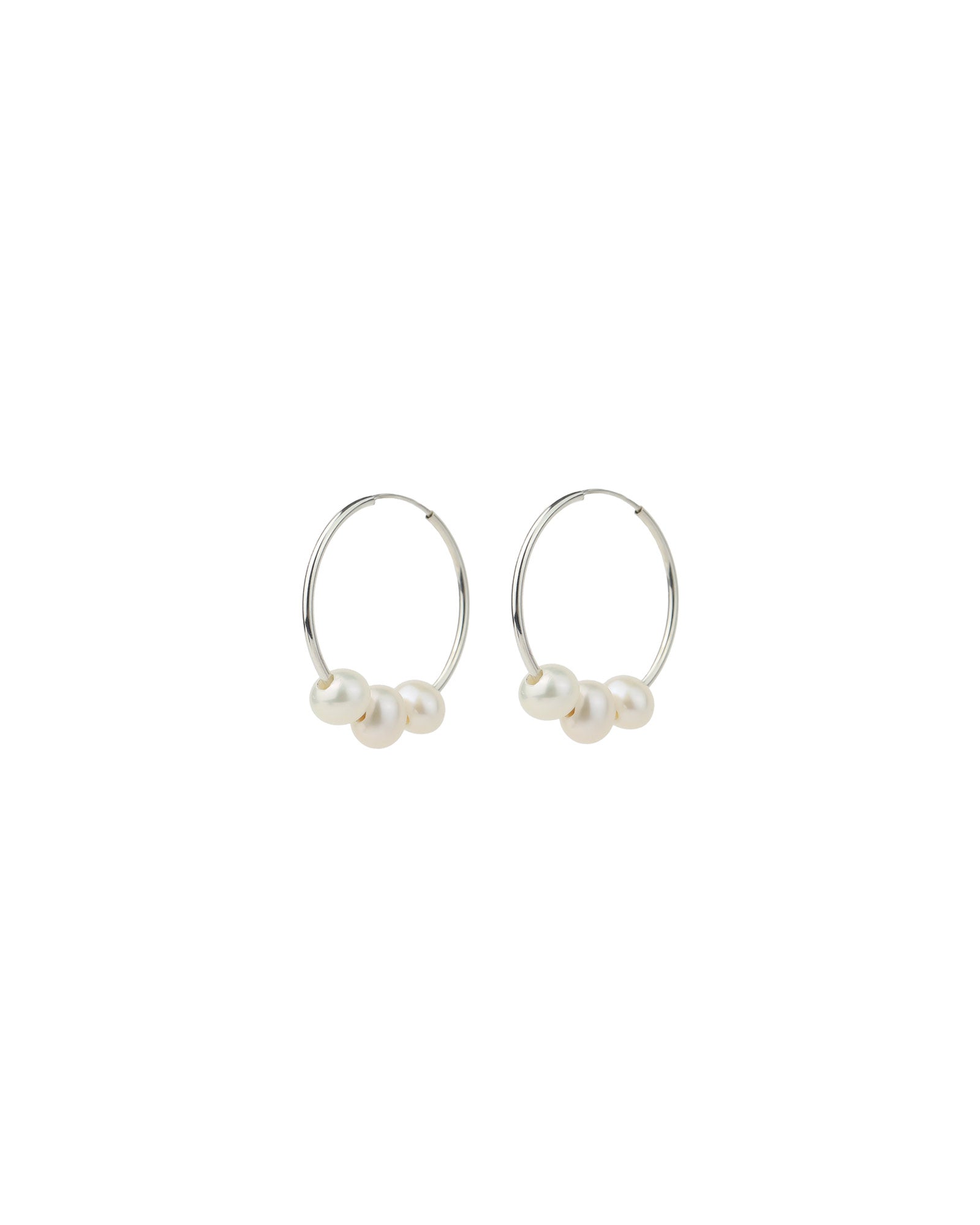 3 Floating Pearl Hoops Sterling Silver, White Pearl