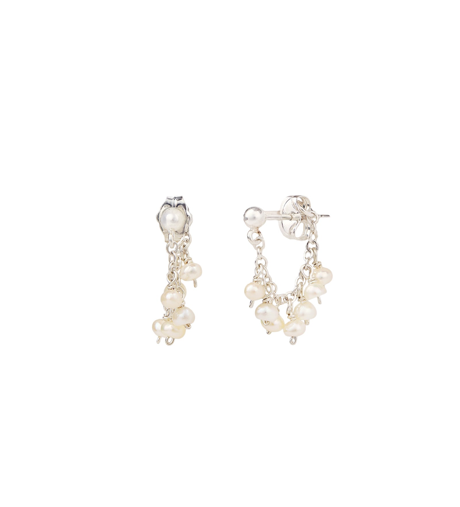 Stone Cluster Loop Studs Sterling Silver, White Pearl