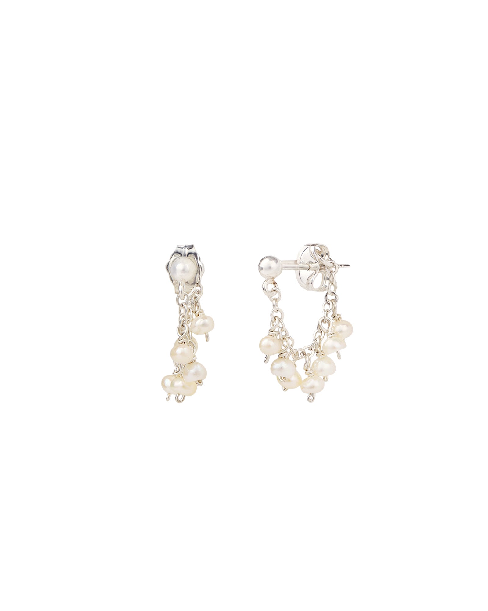 Stone Cluster Loop Studs Sterling Silver, White Pearl
