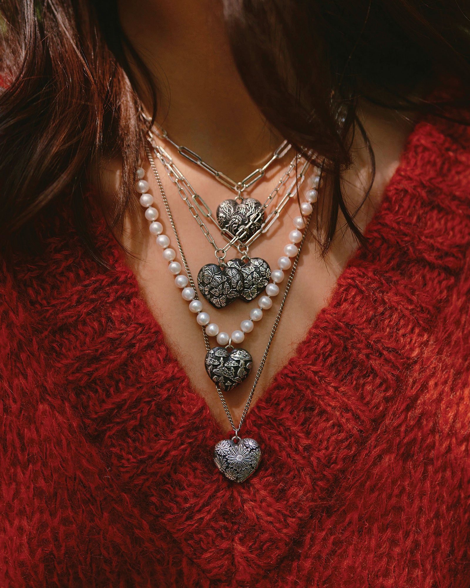 Pyrrha Mushroom Large Puffed Hearts Small Paperclip Necklace Blue Ruby Jewellery Canada