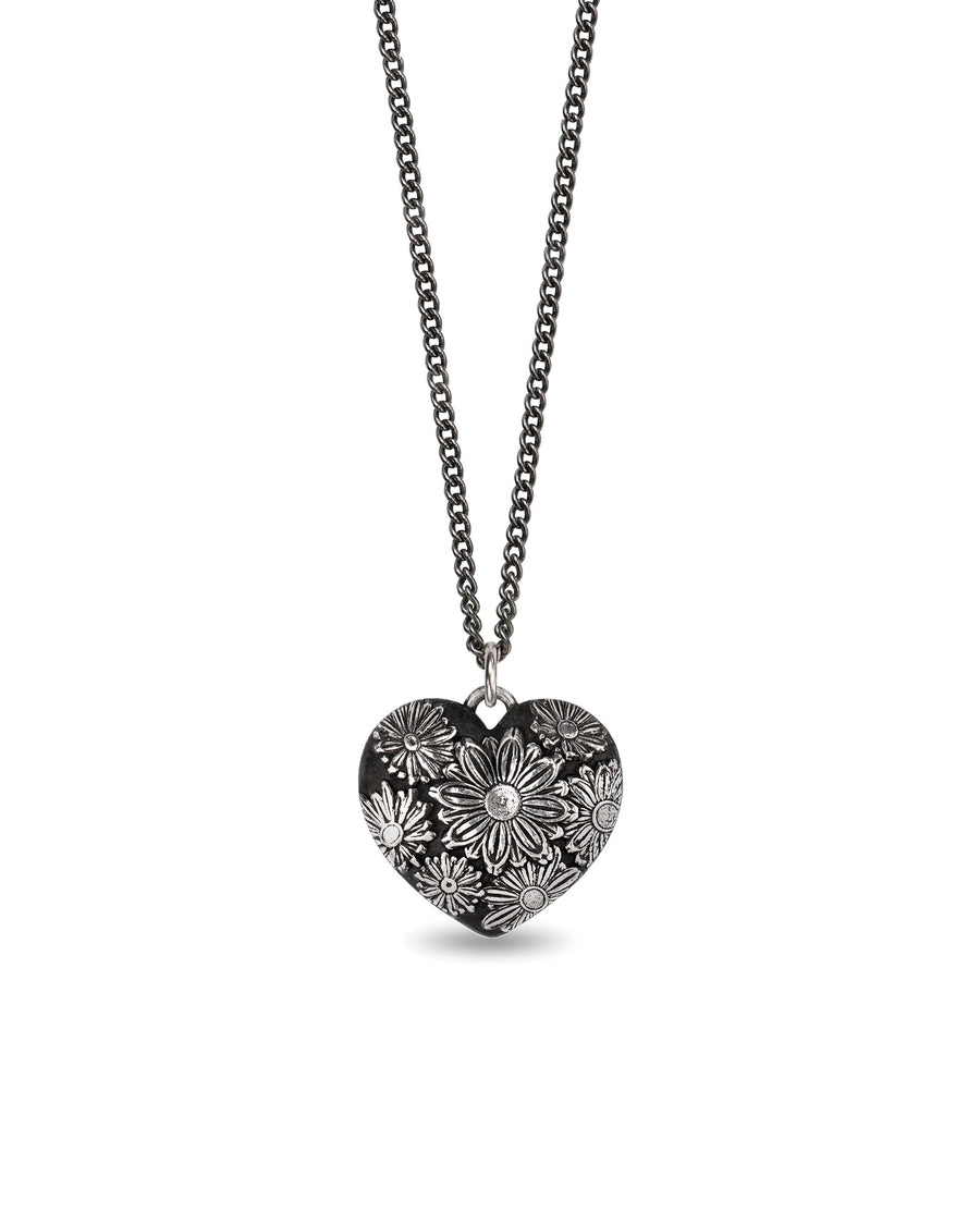 Pyrrha-Daisy Large Puffed Heart Talisman-Necklaces-Oxidized Sterling Silver-Blue Ruby Jewellery-Vancouver Canada