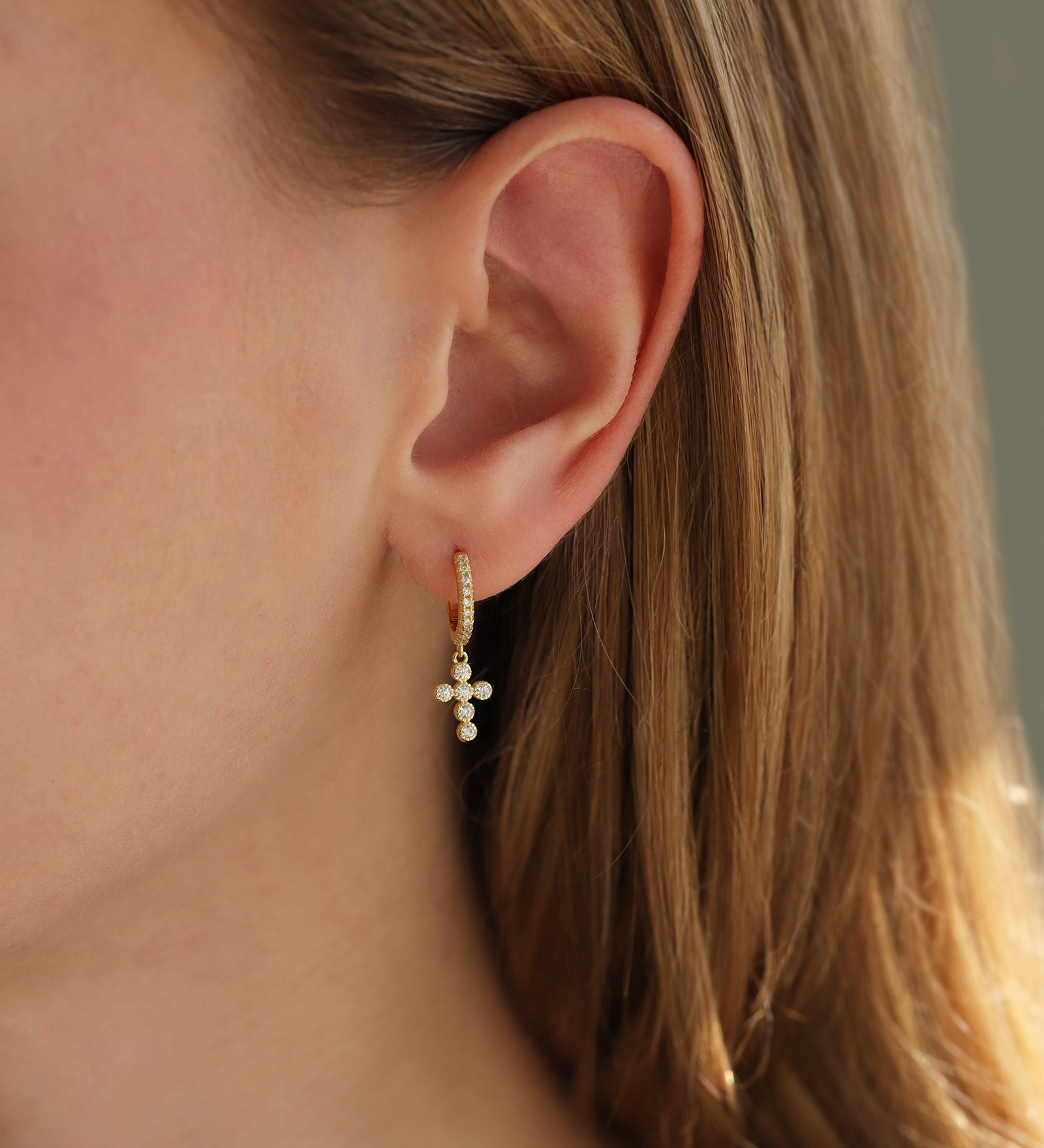 Quiet Icon-Cross CZ Huggies | 12mm-Earrings-Blue Ruby Jewellery-Vancouver Canada