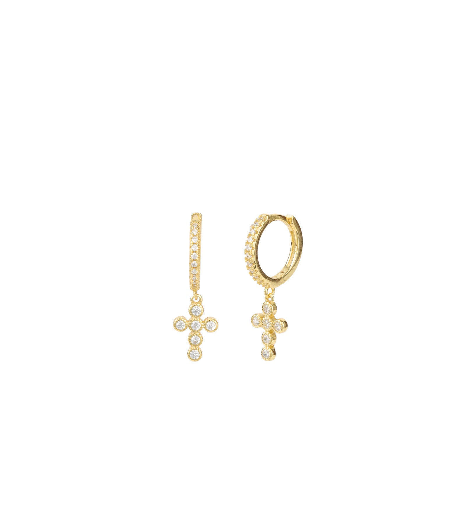 Quiet Icon-Cross CZ Huggies | 12mm-Earrings-14k Gold Vermeil, Cubic Zirconia-Blue Ruby Jewellery-Vancouver Canada