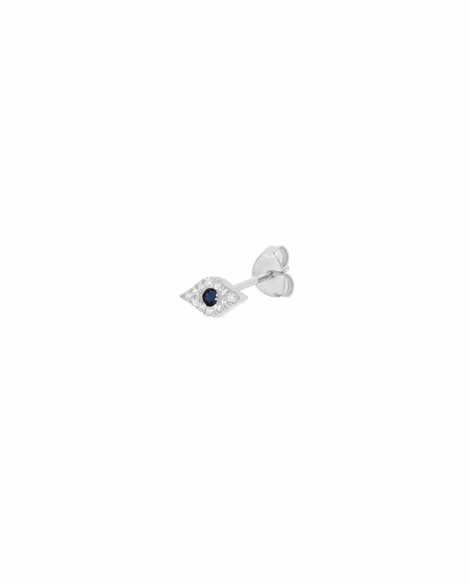 Quiet Icon-Pavé Evil Eye Single Stud-Earrings-Rhodium Plated Sterling Silver, White Cubic Zirconia, Blue Cubic Zirconia-Blue Ruby Jewellery-Vancouver Canada