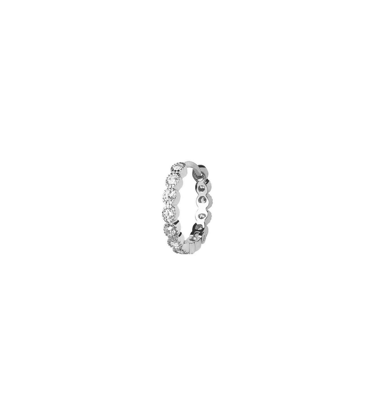 Quiet Icon-Bezel CZ Single Huggie I 13mm-Earrings-Rhodium Plated Sterling Silver, Cubic Zirconia-Blue Ruby Jewellery-Vancouver Canada