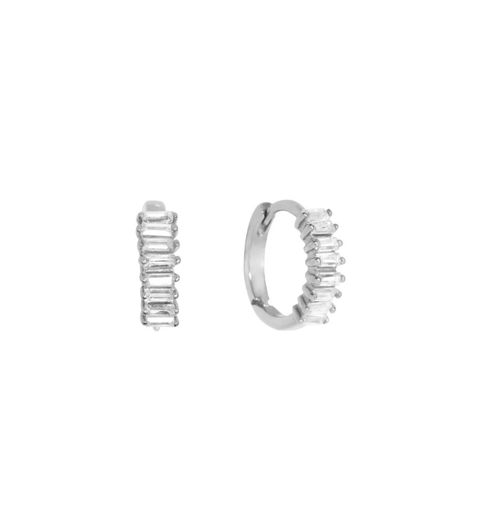 Quiet Icon-Baguette Huggies I 10mm-Earrings-Rhodium Plated Sterling Silver, Cubic Zirconia-Blue Ruby Jewellery-Vancouver Canada