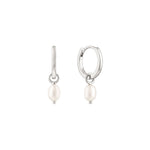 Quiet Icon-Pearl Drop Huggies | 12mm-Earrings-Rhodium Plated Sterling Silver, White Pearl-Blue Ruby Jewellery-Vancouver Canada
