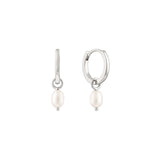 Quiet Icon-Pearl Drop Huggies | 12mm-Earrings-Rhodium Plated Sterling Silver, White Pearl-Blue Ruby Jewellery-Vancouver Canada