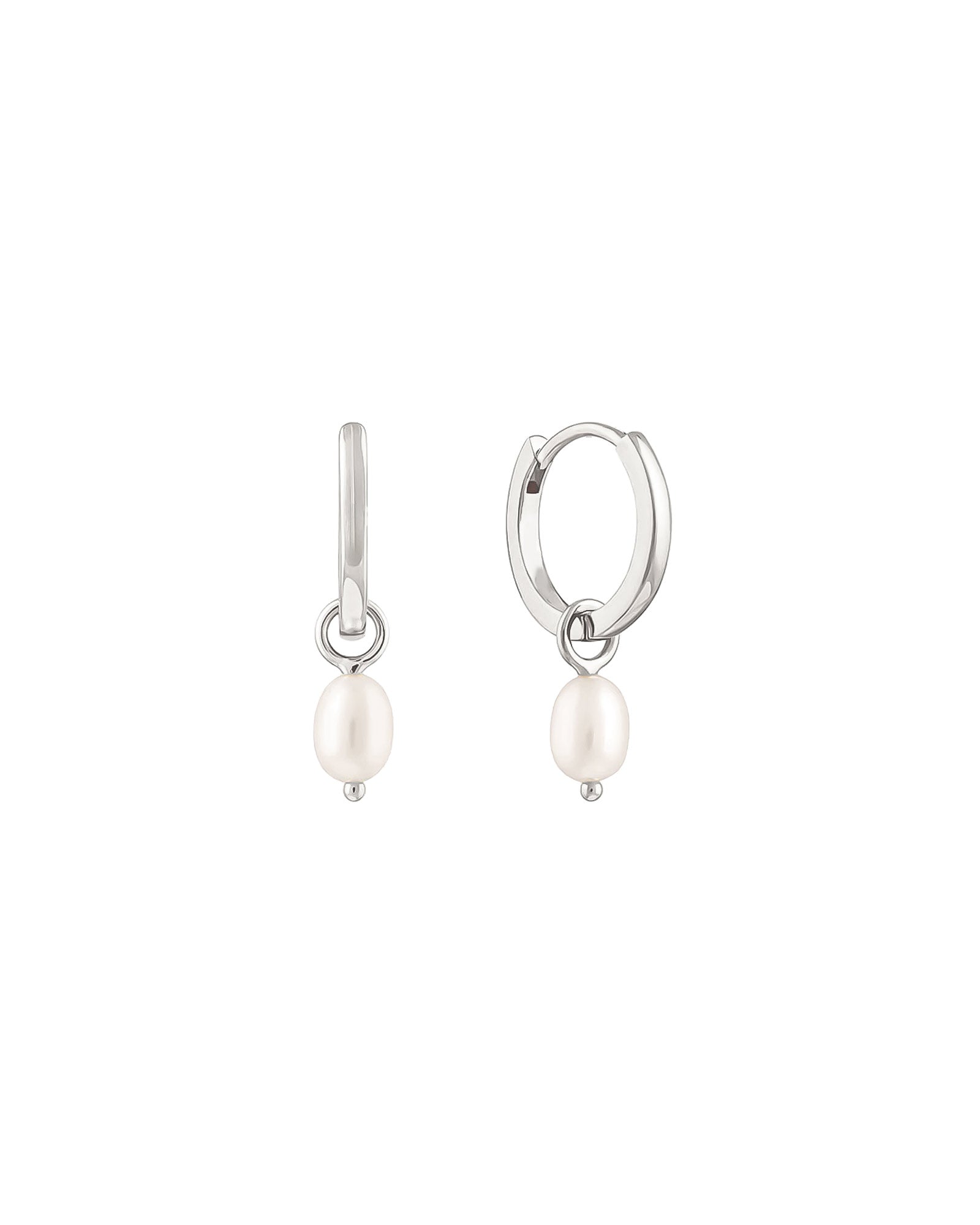 Quiet Icon-Pearl Drop Huggies | 12mm-Earrings-Rhodium Plated Sterling Silver, White Pearl-Blue Ruby Jewellery-Vancouver Canada