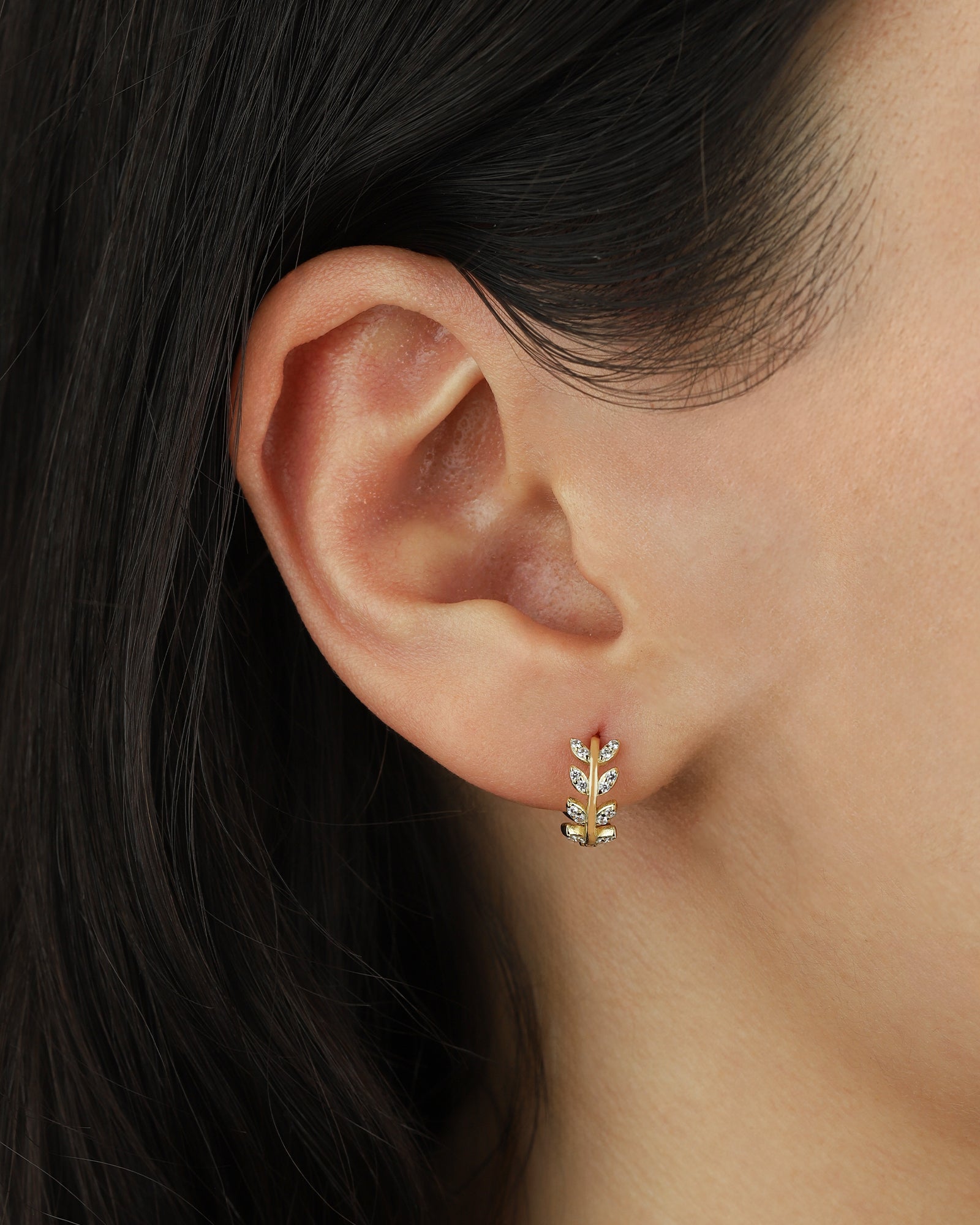 Quiet Icon-Leaf CZ Huggies-Earrings-Blue Ruby Jewellery-Vancouver Canada