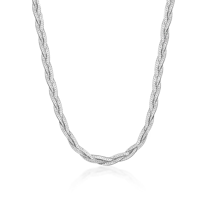 Braided Herringbone Necklace Sterling Silver, White Pearl / 16