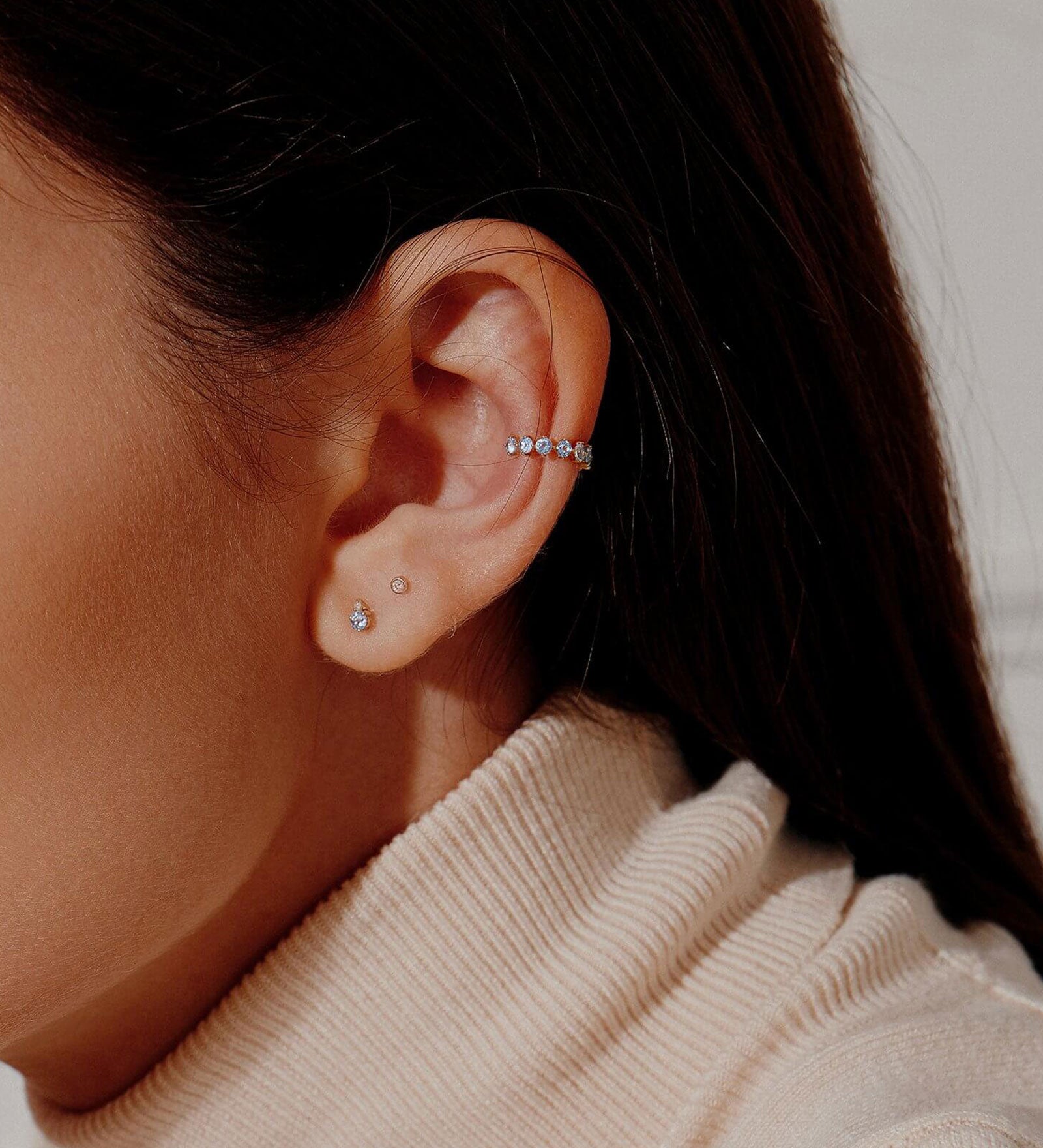 Quiet Icon-Aquamarine CZ Ear Cuff-Earrings-14k Gold Vermeil, Cubic Zirconia-Blue Ruby Jewellery-Vancouver Canada