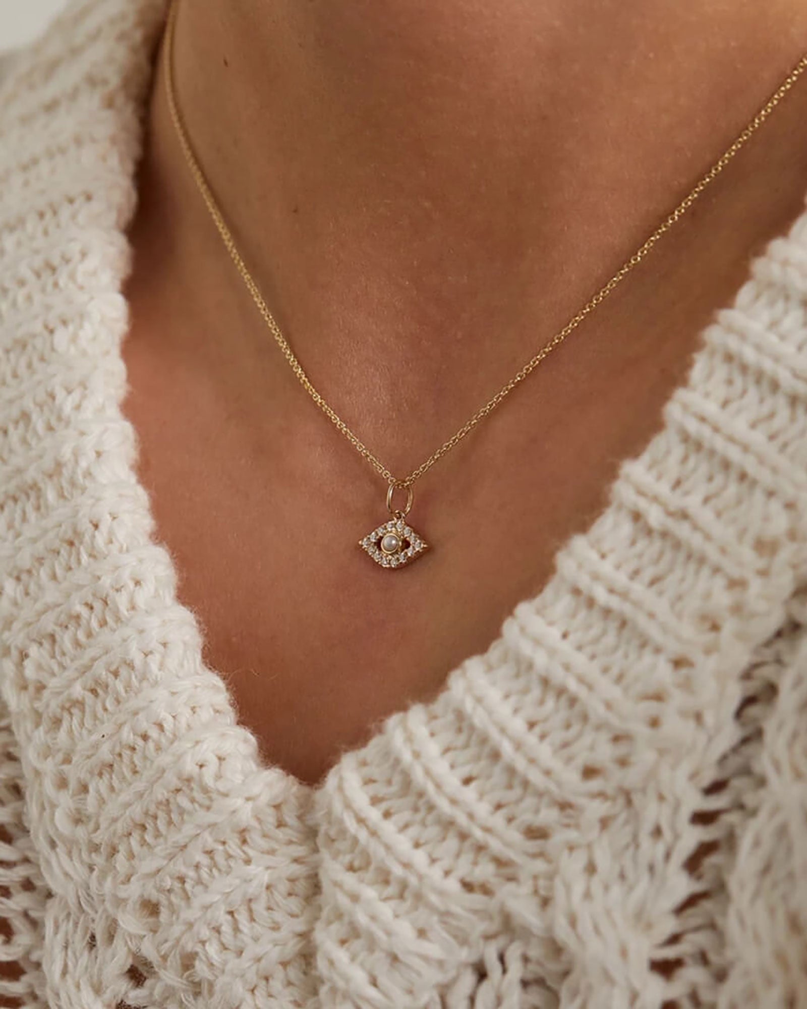 Quiet Icon-Evil Eye Pearl + CZ Necklace-Necklaces-Blue Ruby Jewellery-Vancouver Canada