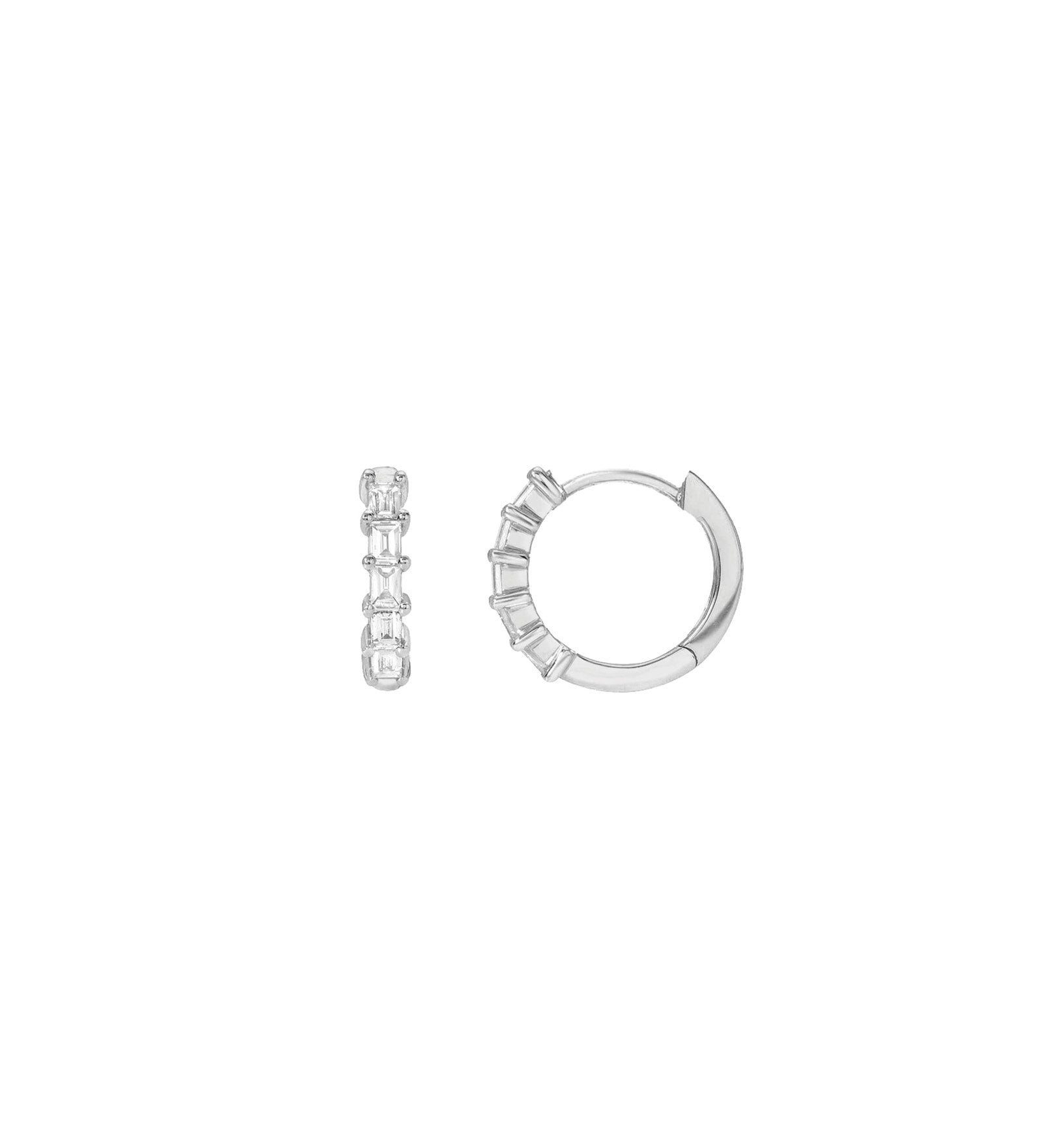 Quiet Icon-Baguette CZ Huggies | 12mm-Earrings-Rhodium Plated Sterling Silver, Cubic Zirconia-Blue Ruby Jewellery-Vancouver Canada