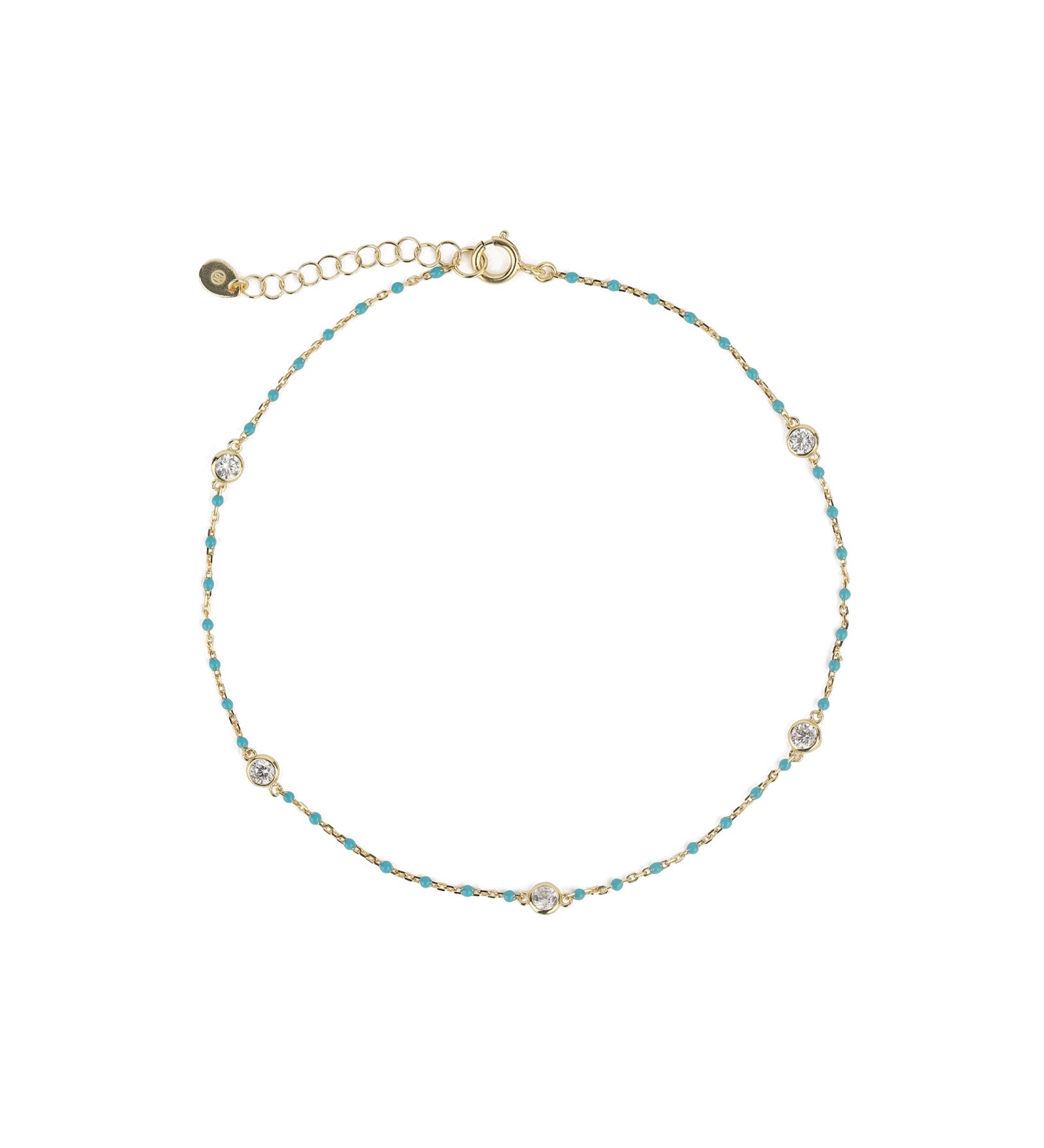 Quiet Icon-Enamel Bead Five CZ Anklet-Anklets-14k Gold Vermeil, Enamel, Cubic Zirconia-Blue Ruby Jewellery-Vancouver Canada