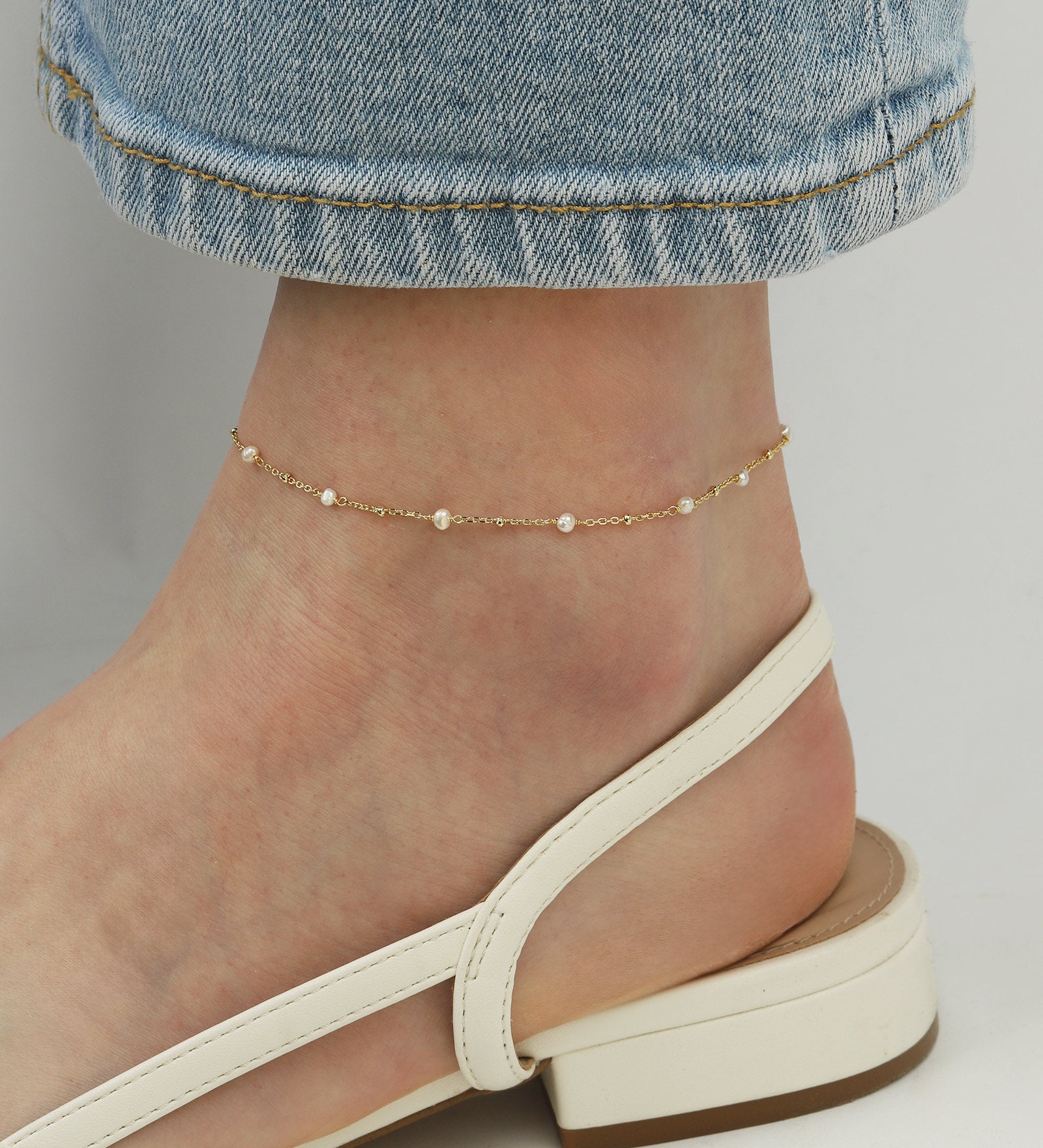 Quiet Icon-Pearl Satellite Chain Anklet-Anklets-14k Gold Vermeil, White Pearl-Blue Ruby Jewellery-Vancouver Canada