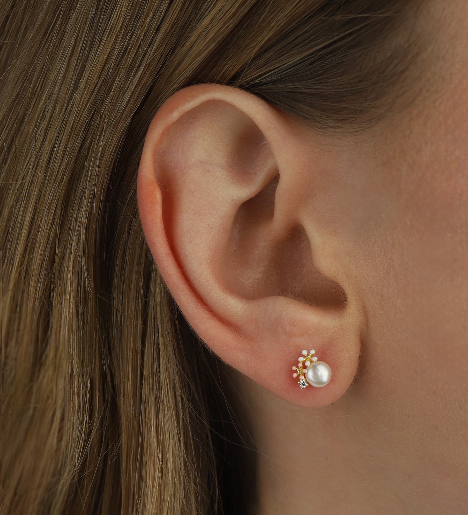 Enamel 2 Flower CZ + Pearl Studs 14k Gold Vermeil, White Pearl