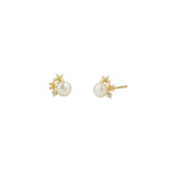 Enamel 2 Flower CZ + Pearl Studs 14k Gold Vermeil, White Pearl