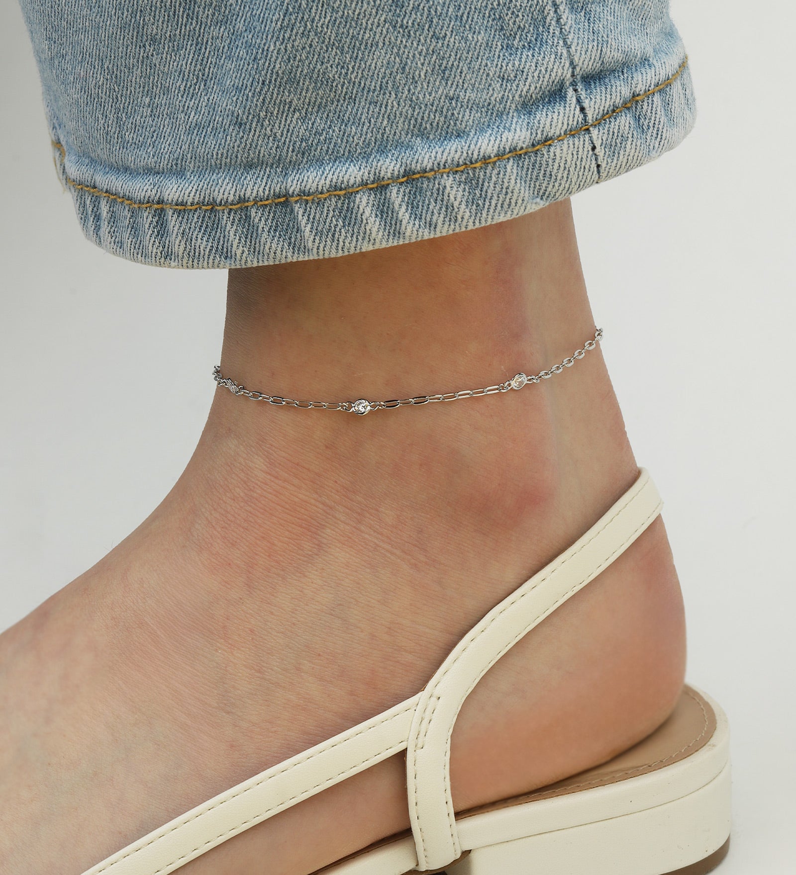 3 CZ Paperclip Chain Anklet Rhodium Plated Silver, Cubic Zirconia