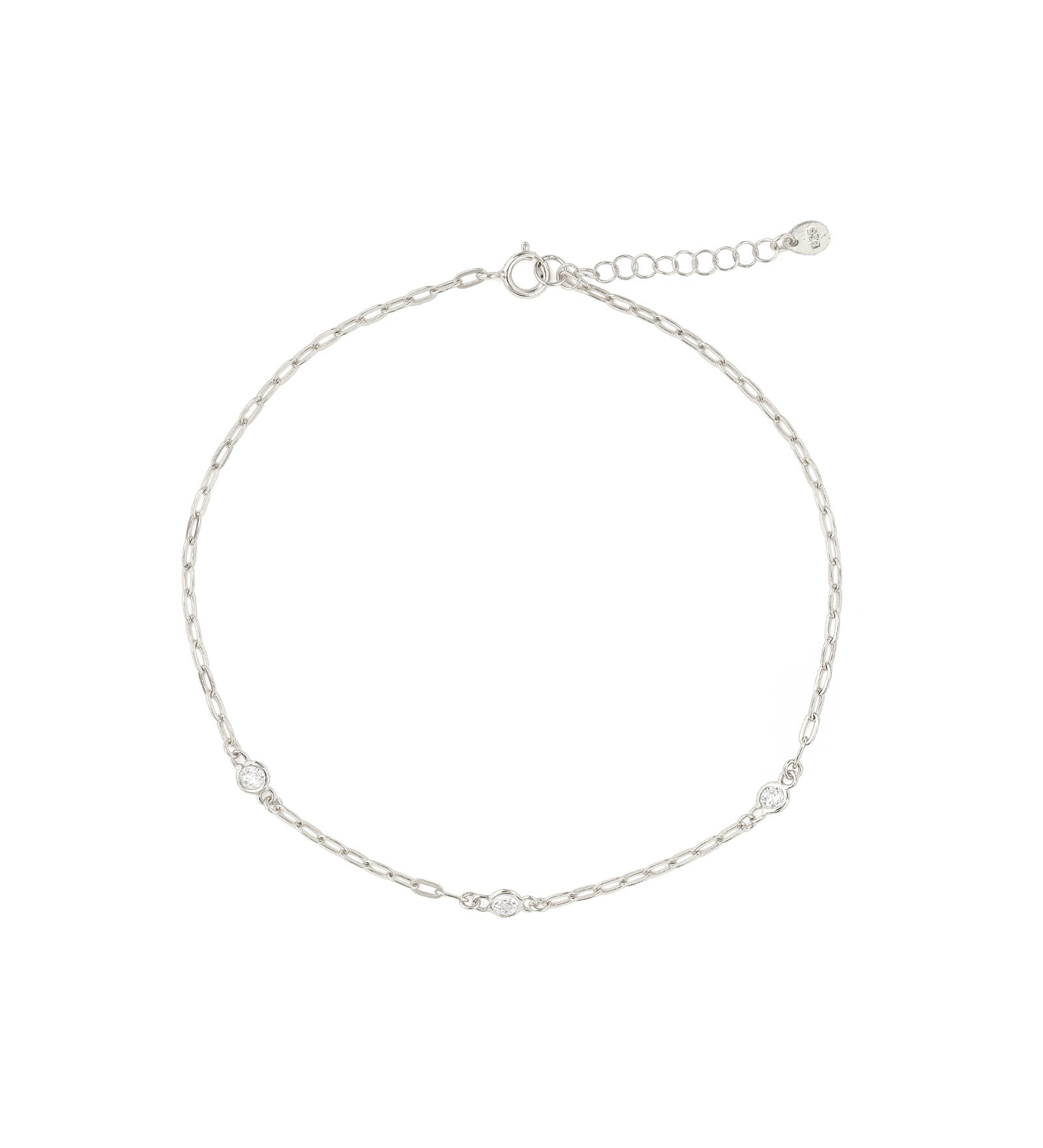 3 CZ Paperclip Chain Anklet Rhodium Plated Silver, Cubic Zirconia
