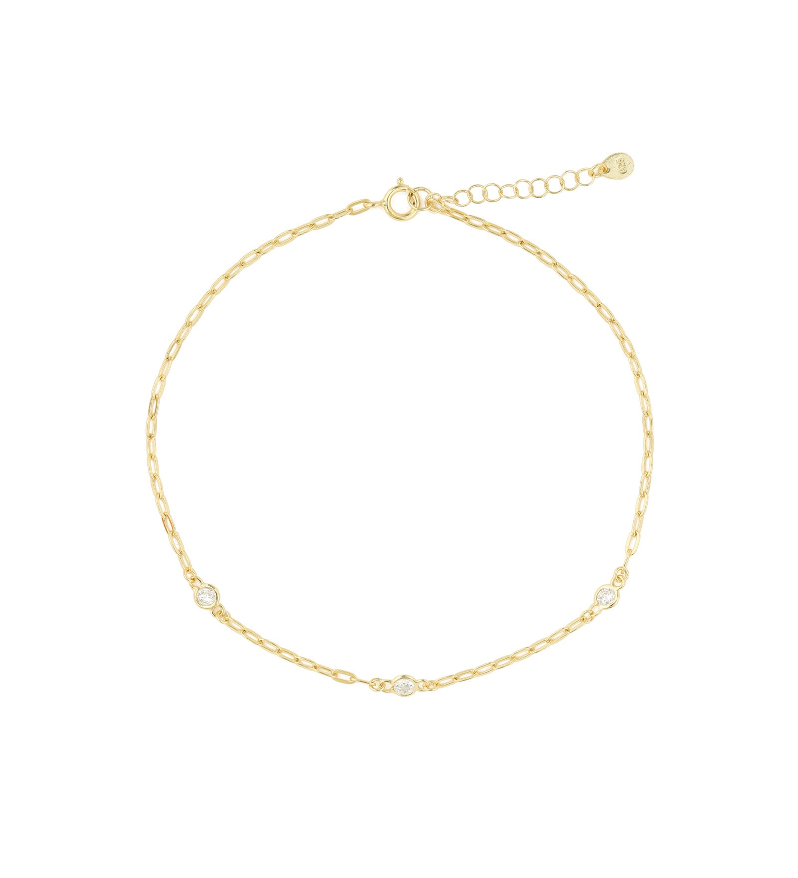 3 CZ Paperclip Chain Anklet 14k Gold Vermeil, Cubic Zirconia