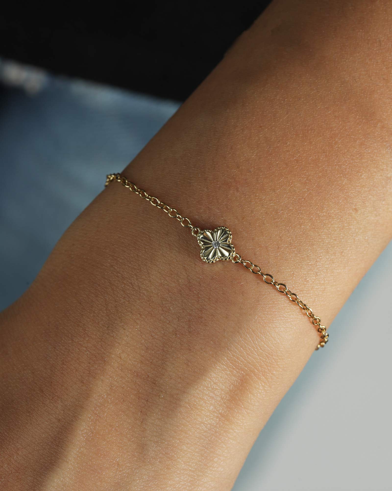 Quiet Icon-Clover Single CZ Bracelet-Bracelets-14k Gold Vermeil, Cubic Zirconia-Blue Ruby Jewellery-Vancouver Canada