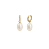 Pearl Drop Pavé Huggies 14k Gold Vermeil, Cubic Zirconia, White Pearl