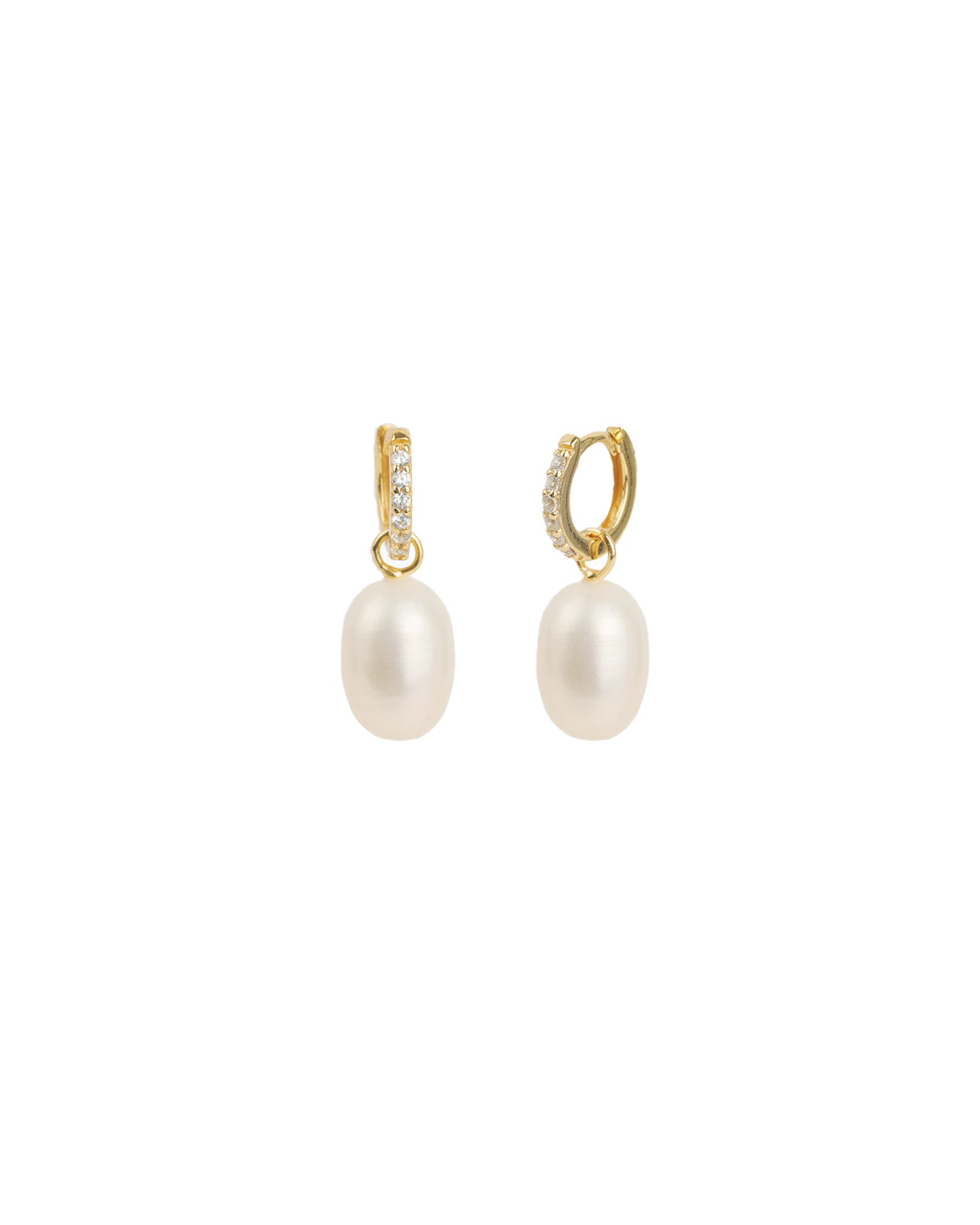Pearl Drop Pavé Huggies 14k Gold Vermeil, Cubic Zirconia, White Pearl