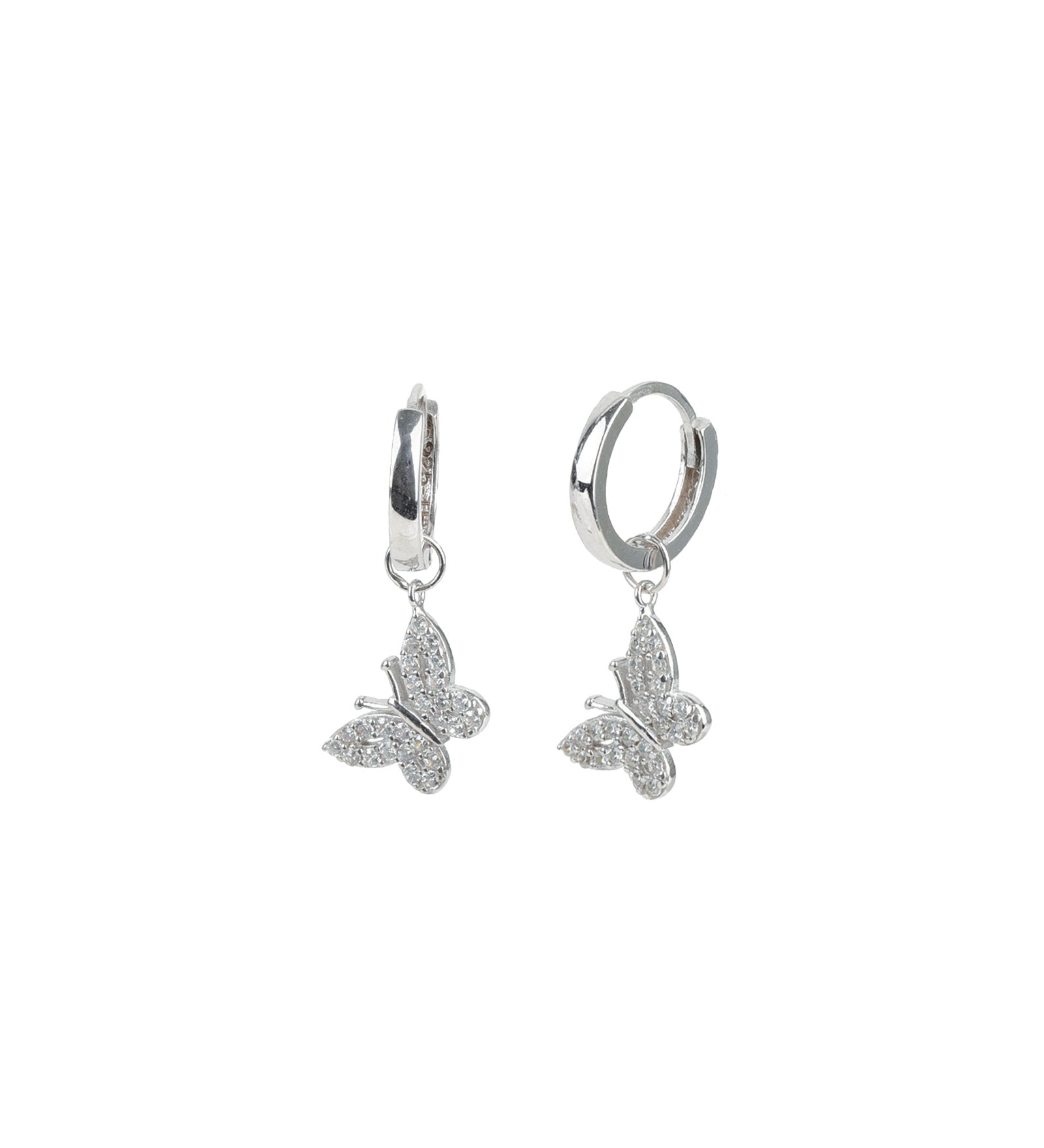 Quiet Icon-CZ Butterfly Drop Huggies | 13mm-Earrings-Rhodium Plated Sterling Silver, Cubic Zirconia-Blue Ruby Jewellery-Vancouver Canada