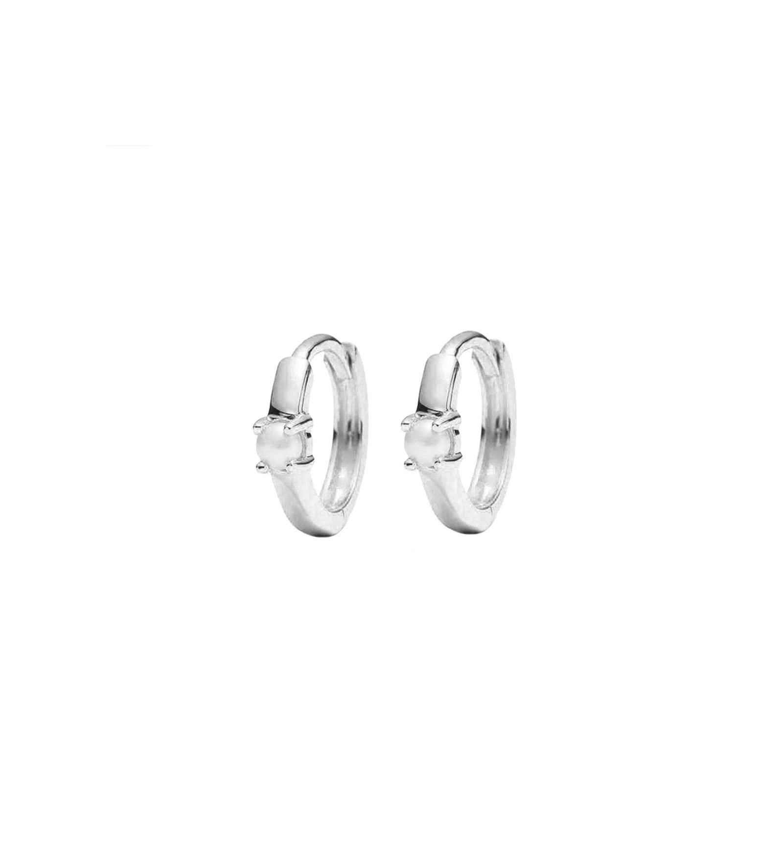 Quiet Icon-Solitaire Pearl Huggies | 11mm-Earrings-Rhodium Plated Sterling Silver, Pearl-Blue Ruby Jewellery-Vancouver Canada