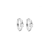 Quiet Icon-Solitaire Pearl Huggies | 11mm-Earrings-Rhodium Plated Sterling Silver, White Pearl-Blue Ruby Jewellery-Vancouver Canada
