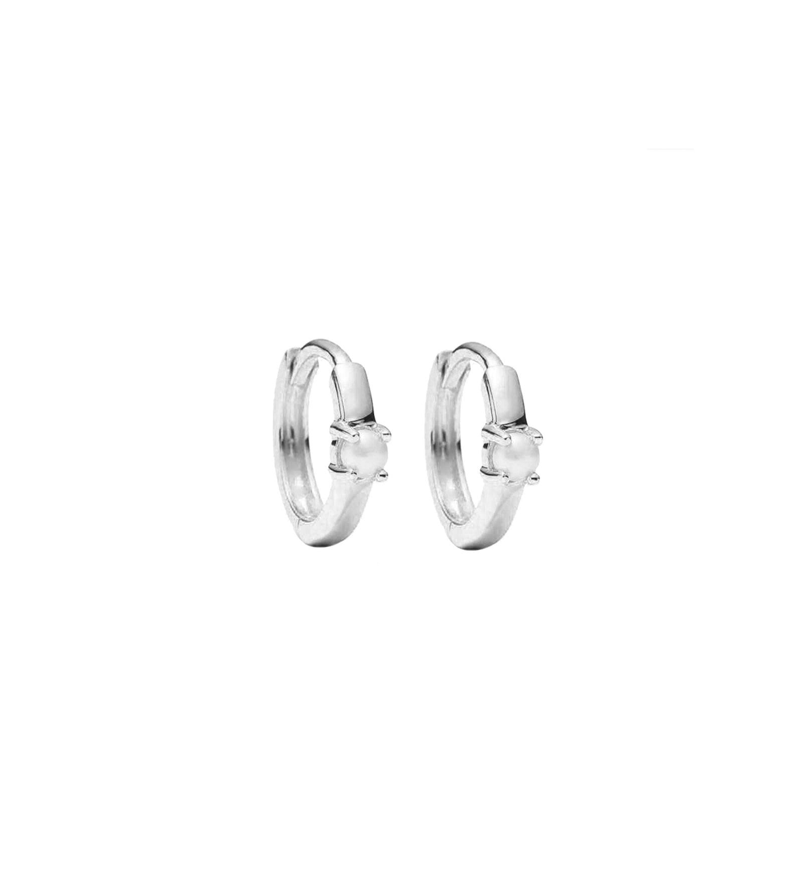 Quiet Icon-Solitaire Pearl Huggies | 11mm-Earrings-Rhodium Plated Sterling Silver, White Pearl-Blue Ruby Jewellery-Vancouver Canada
