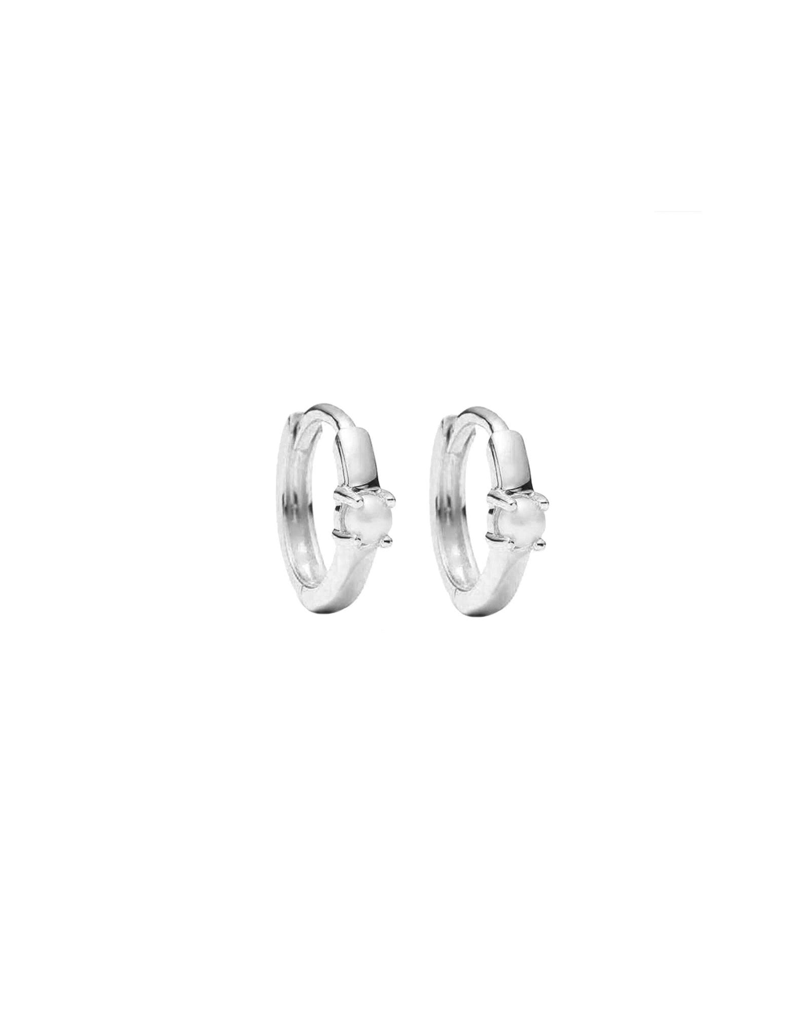 Quiet Icon-Solitaire Pearl Huggies | 11mm-Earrings-Rhodium Plated Sterling Silver, White Pearl-Blue Ruby Jewellery-Vancouver Canada