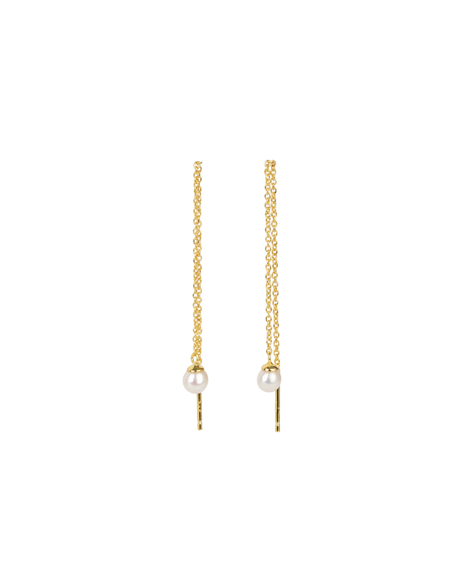 Quiet Icon-Pearl Chain Threaders-Earrings-14k Gold Plated, White Pearl-Blue Ruby Jewellery-Vancouver Canada