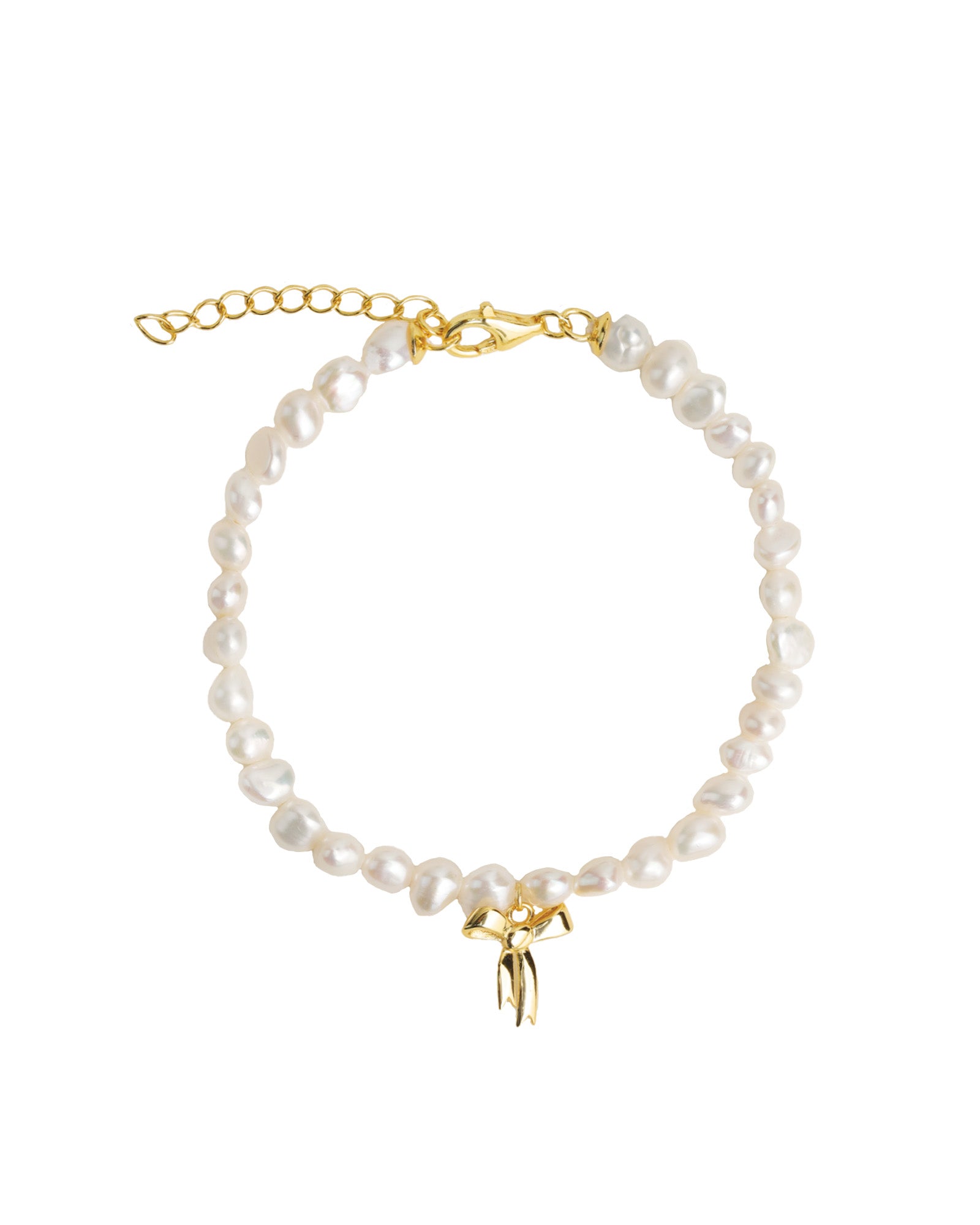Quiet Icon-Bow Drop Pearl Bracelet-Bracelets-14k Gold Plated, White Pearl-Blue Ruby Jewellery-Vancouver Canada