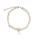 Quiet Icon-Bow Drop Pearl Bracelet-Bracelets-Rhodium Plated Sterling Silver, White Pearl-Blue Ruby Jewellery-Vancouver Canada