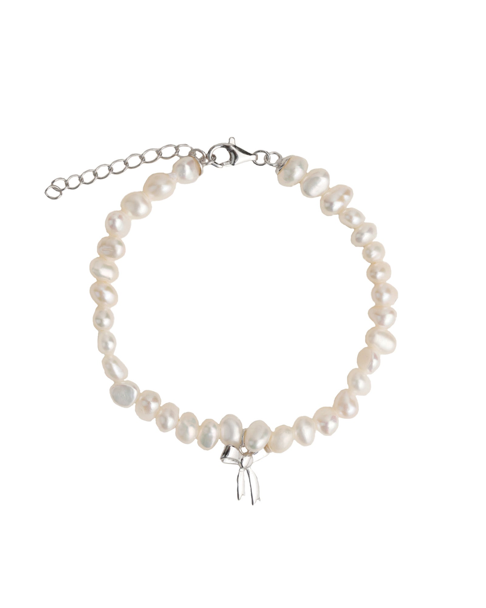 Quiet Icon-Bow Drop Pearl Bracelet-Bracelets-Rhodium Plated Sterling Silver, White Pearl-Blue Ruby Jewellery-Vancouver Canada